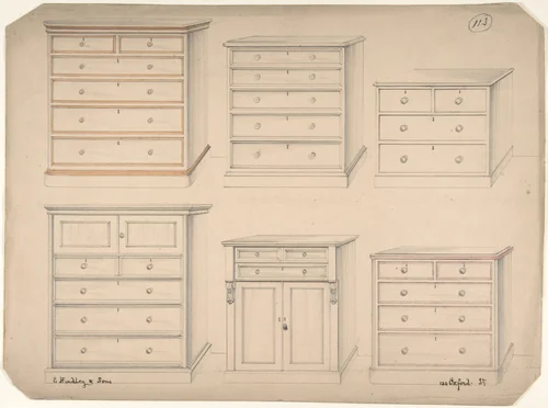 Designs for Chests of Drawers by Charles Hindley and Sons, drawing, 1841-1884