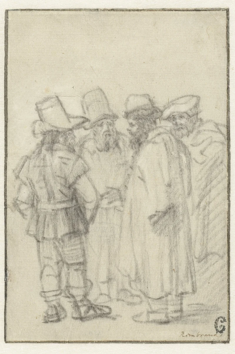 Four Men Standing, Wearing Hats by Rembrandt van Rijn, drawing, 1650
