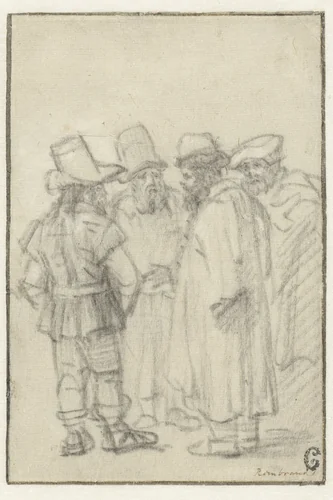 Four Men Standing, Wearing Hats by Rembrandt van Rijn, drawing, 1650