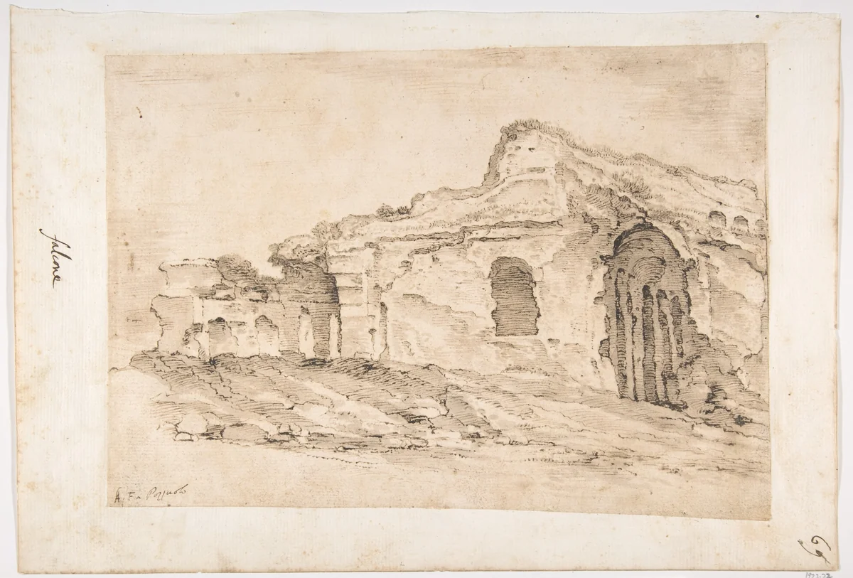 Ruins of the Roman Arena at Pozzuoli by Aniello Falcone, drawing, 1607-1656