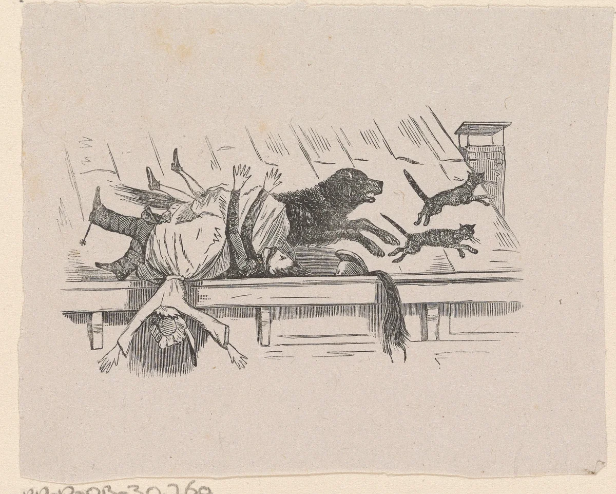 Man en een vrouw op een daklijst omvergelopen door een hond die twee katten najaagt by Isaac Weissenbruch, print, 1836-1912
