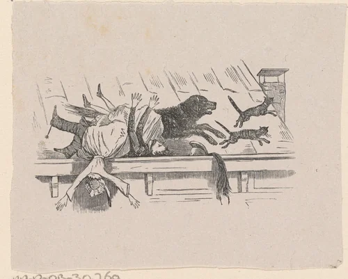 Man en een vrouw op een daklijst omvergelopen door een hond die twee katten najaagt by Isaac Weissenbruch, print, 1836-1912