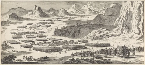 Legertocht van de twaalf stammen van Israël met het tabernakel by Jan Luyken, print, 1705