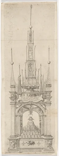 Catafalque for the Funeral of Giulio Thieni, Marquis of Scandiano by Giovanni Luigi Valesio; Nicolaus de Monte, print, 1621