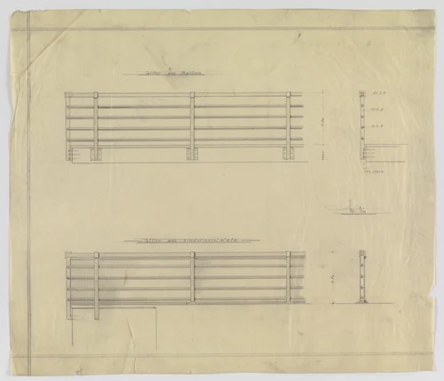 Wolf House, Gubin, Poland, Balcony and playground railing. Two elevations, sections. by Ludwig Mies van der Rohe, mies van der rohe archive, 1925