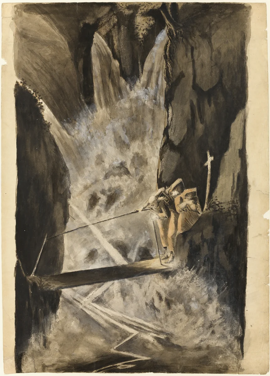 Three Monks Crossing a Bridge Over a Cataract by Unknown Artist, artwork, 1761-1825