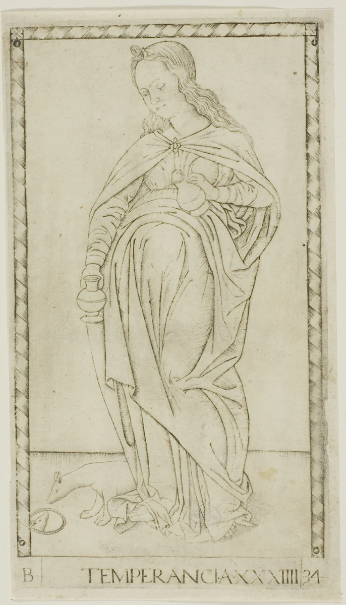 Temperance, plate 34 from Genii and Virtues by Master of the E-Series Tarocchi, print, 1460-1470
