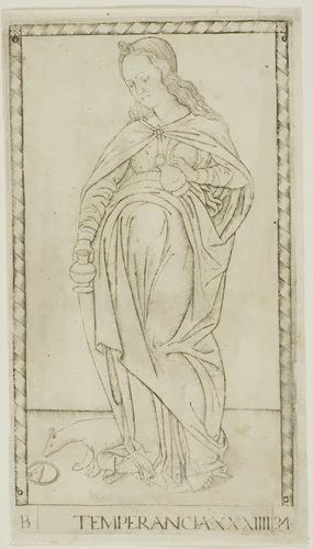 Temperance, plate 34 from Genii and Virtues by Master of the E-Series Tarocchi, print, 1460-1470