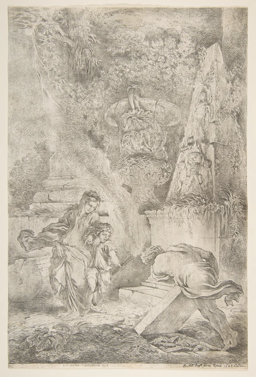 Theseus finding his father's arms by Giovanni Benedetto Castiglione, print, 1645