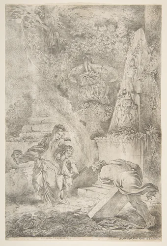 Theseus finding his father's arms by Giovanni Benedetto Castiglione, print, 1645