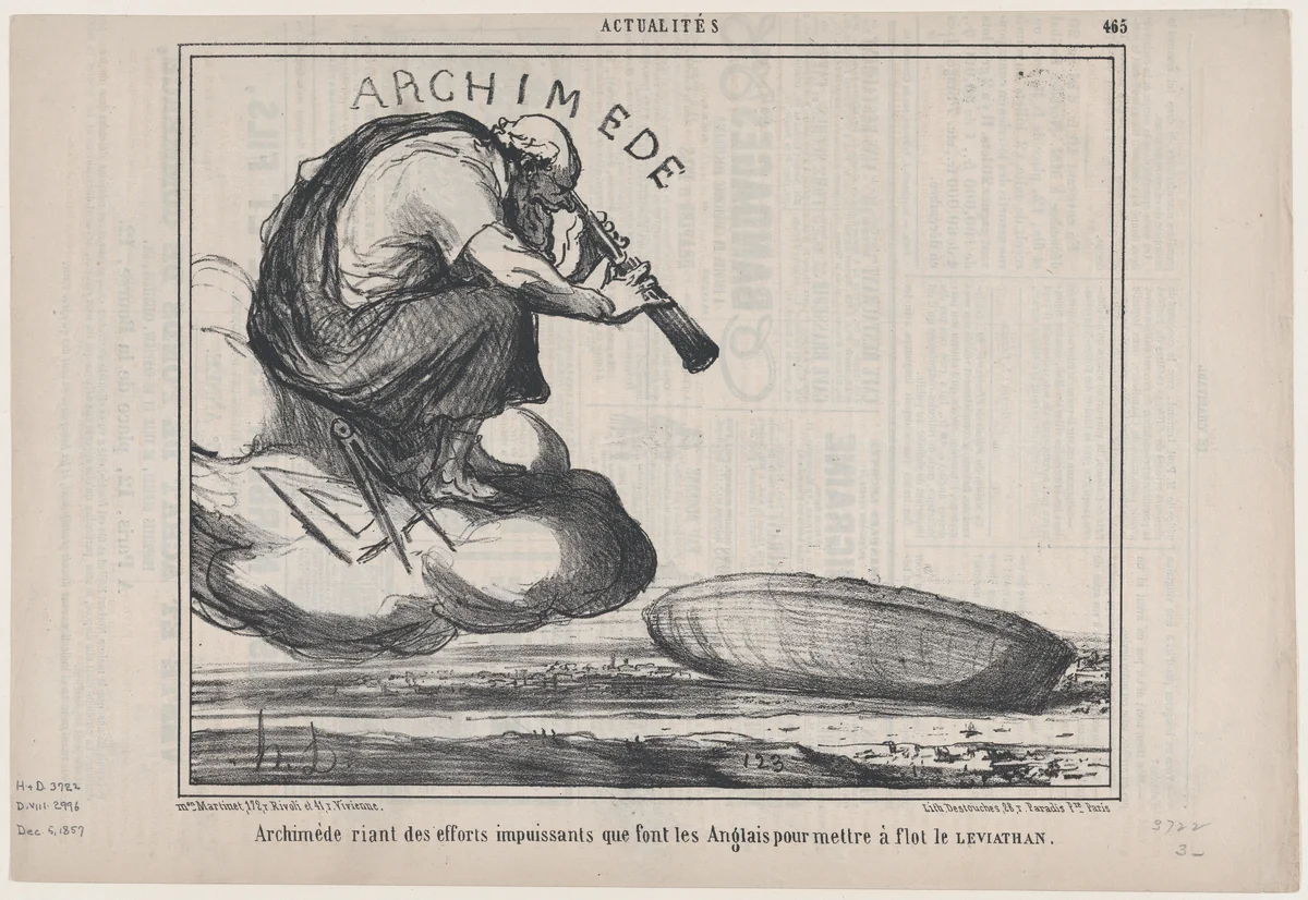 Archimède riant des efforts impuissants que font les Anglais pour mettre à flot le Leviathan, from "Actualités" by Honoré Daumier, print, 1857