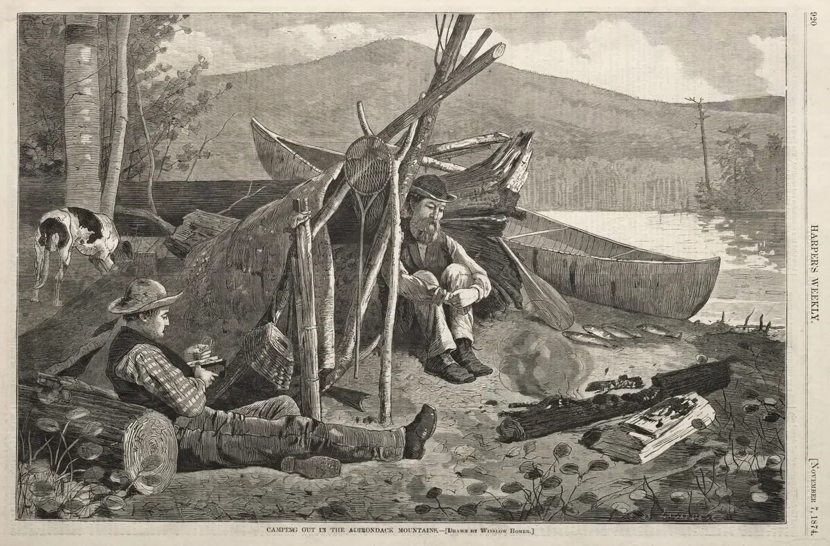 Camping Out in the Adirondack Mountains by Winslow Homer, print, 1874
