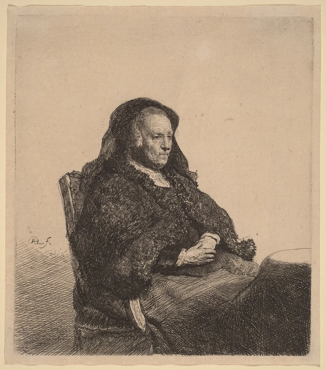 The Artist's Mother Seated at a Table, Looking Right by Rembrandt van Rijn, print, 1631