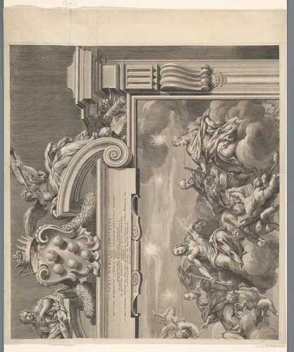 Allegorie op Cosimo III de' Medici in monumentale omlijsting (deel rechtsboven) by François Spierre, print, 1649-1681