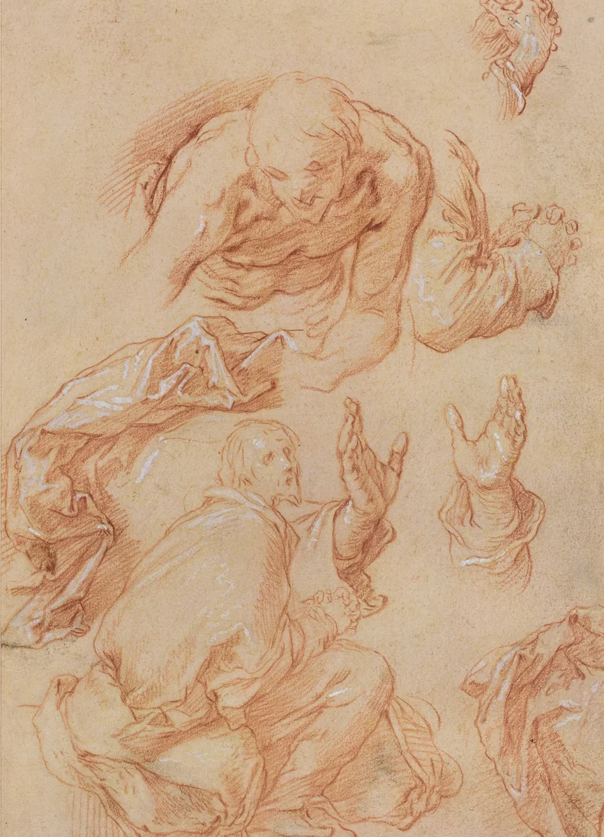 Studies of Hands and Bending Figures [verso] by Abraham Bloemaert, drawing, 1564-1651