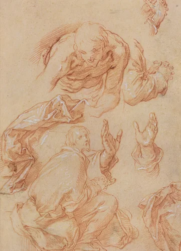 Studies of Hands and Bending Figures [verso] by Abraham Bloemaert, drawing, 1564-1651