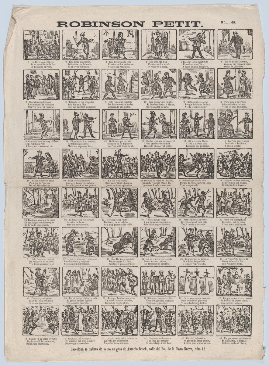 Broadside with 48 scenes depicting the story of Little Robinson by Antonio Bosch, print, 1855-1875