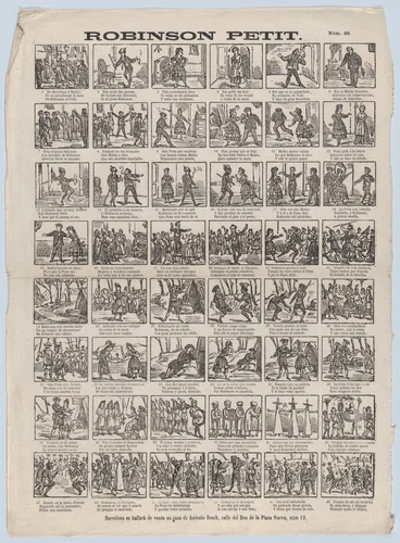 Broadside with 48 scenes depicting the story of Little Robinson by Antonio Bosch, print, 1855-1875