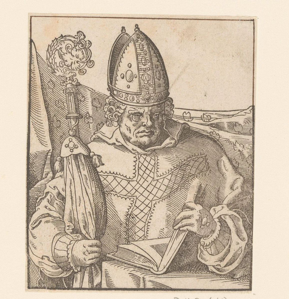 Bisschop opent een op tafel liggend boek by anonymous, print, 1580