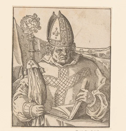 Bisschop opent een op tafel liggend boek by anonymous, print, 1580
