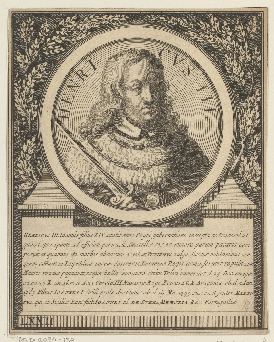 Portret van Hendrik III, koning van Castilië by Jacques Blondeau, print, 1698