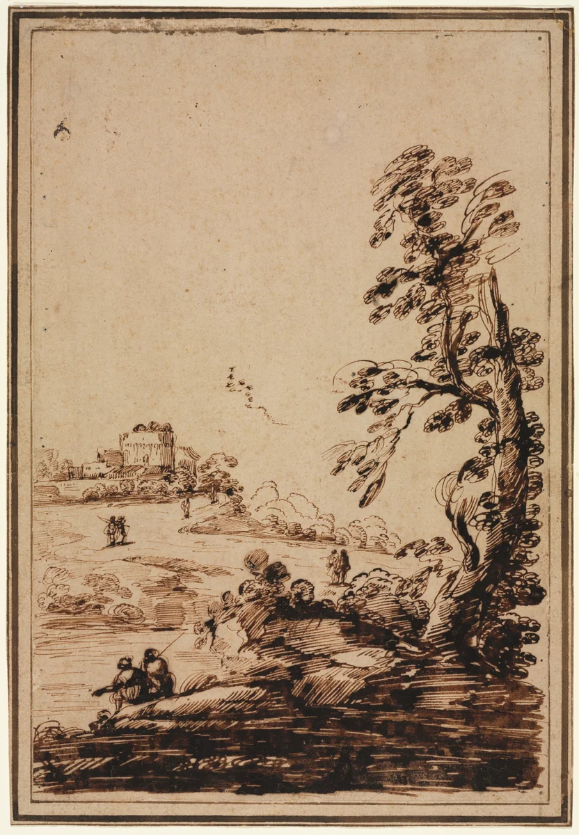 Landscape with Small Group of Buildings by Guercino, drawing, 1750-1799