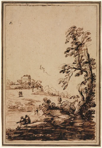 Landscape with Small Group of Buildings by Guercino, drawing, 1750-1799