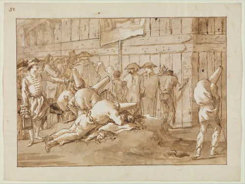 Punchinellos Outside a Circus by Giovanni Domenico Tiepolo, drawing, 1771-1804