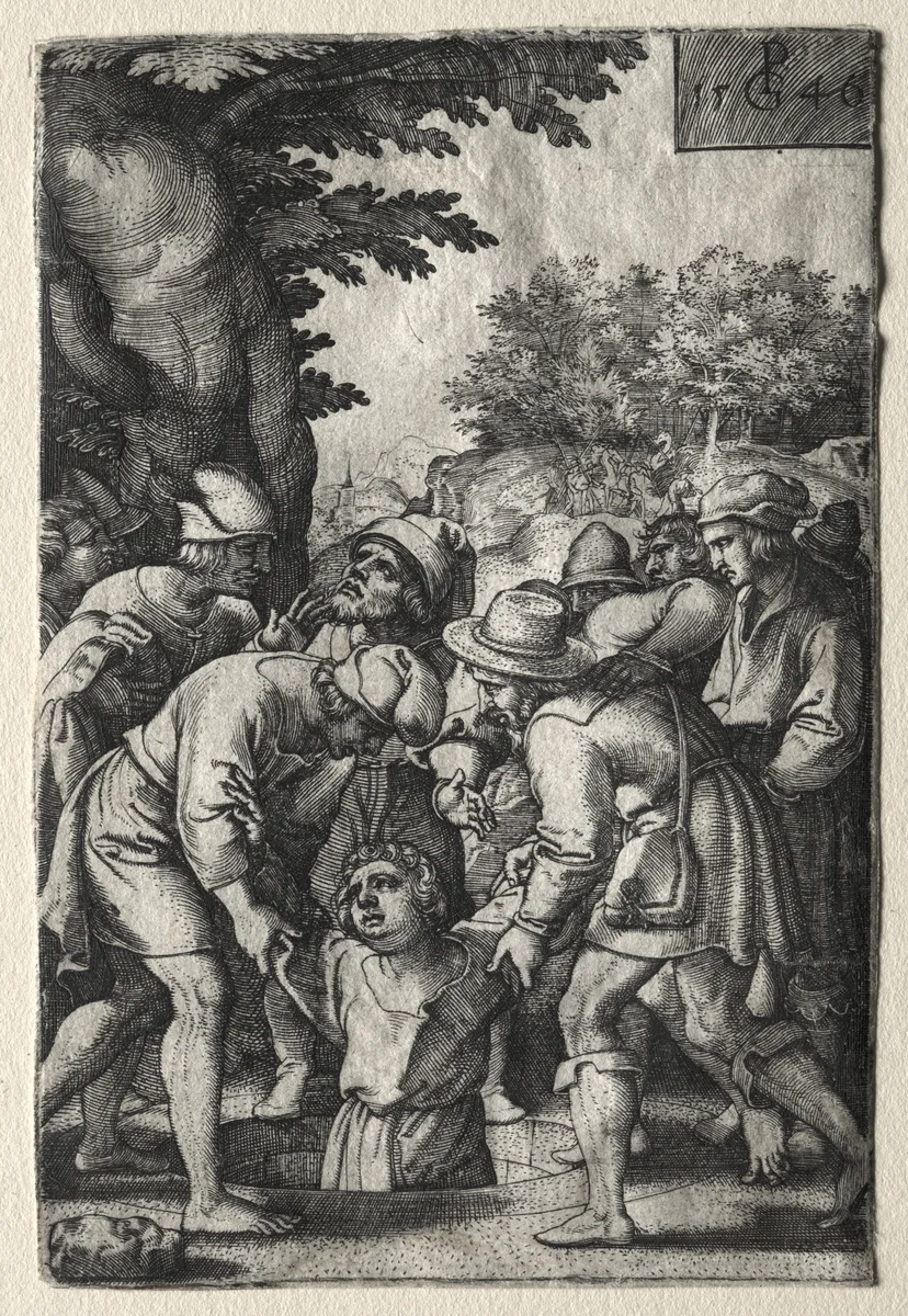 Joseph Lowered into a Well by Georg Pencz, print, 1546