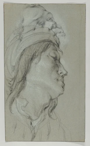 Head Studies of A Young Man Wearing a Hat and of a Black Man by Lucas Franchoys the Younger, drawing, 1636-1681