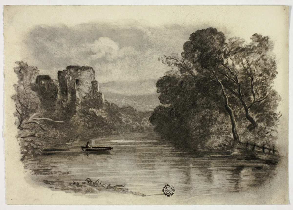 River with Castle Ruin and Boat II by Elizabeth Murray, drawing, 1850-1860