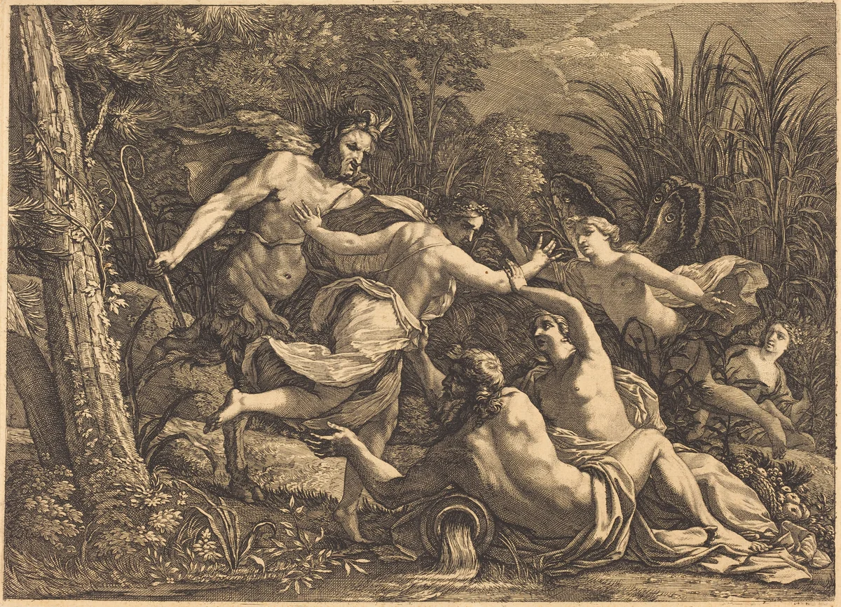 Pan and Syrinx by Michel Dorigny, print, 1666