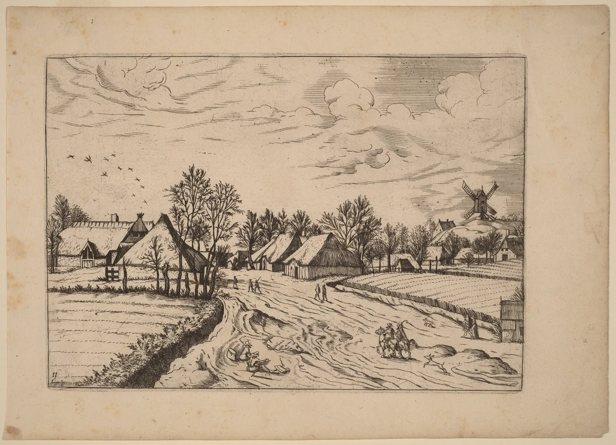Country Village with Post Mill by Johannes van Doetechum; Lucas van Doetechum; Master of the Small Landscapes, print, 1605