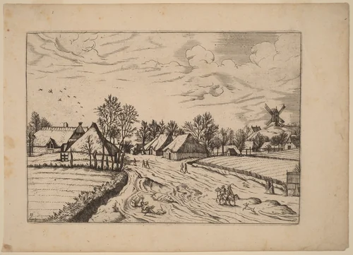 Country Village with Post Mill by Johannes van Doetechum; Lucas van Doetechum; Master of the Small Landscapes, print, 1605
