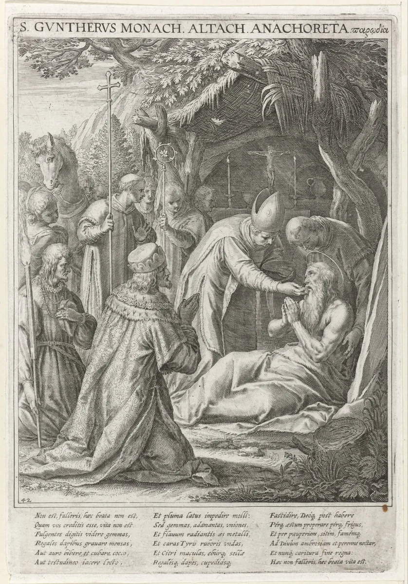 Heilige Gunther van Niederalteich op zijn sterfbed by Raphaël Sadeler, print, 1615