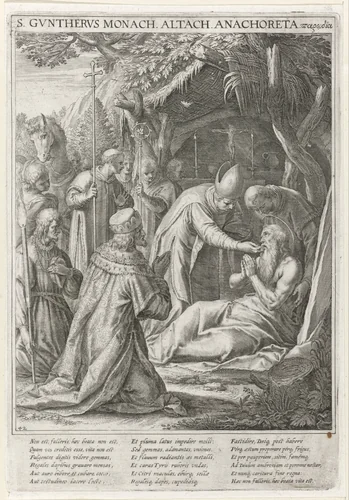 Heilige Gunther van Niederalteich op zijn sterfbed by Raphaël Sadeler, print, 1615