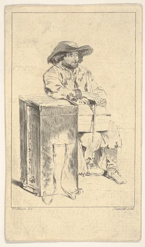 Seated man with box in his lap, he rests his right elbow on a taller box by Edmé Jeaurat, print, 1715-1738
