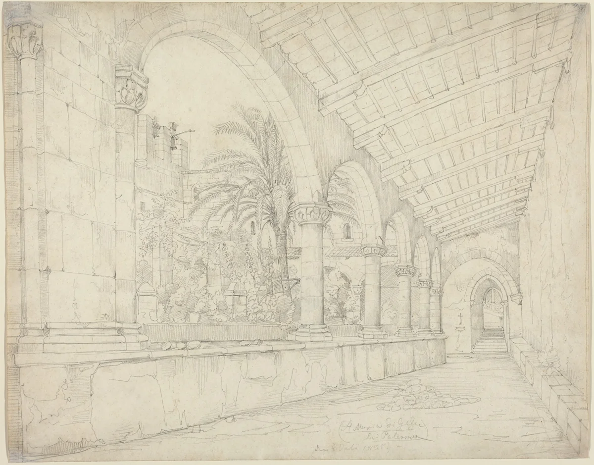 The Cloister of Santa Maria di Gesù at Palermo by Anton Hallmann, drawing, 1835