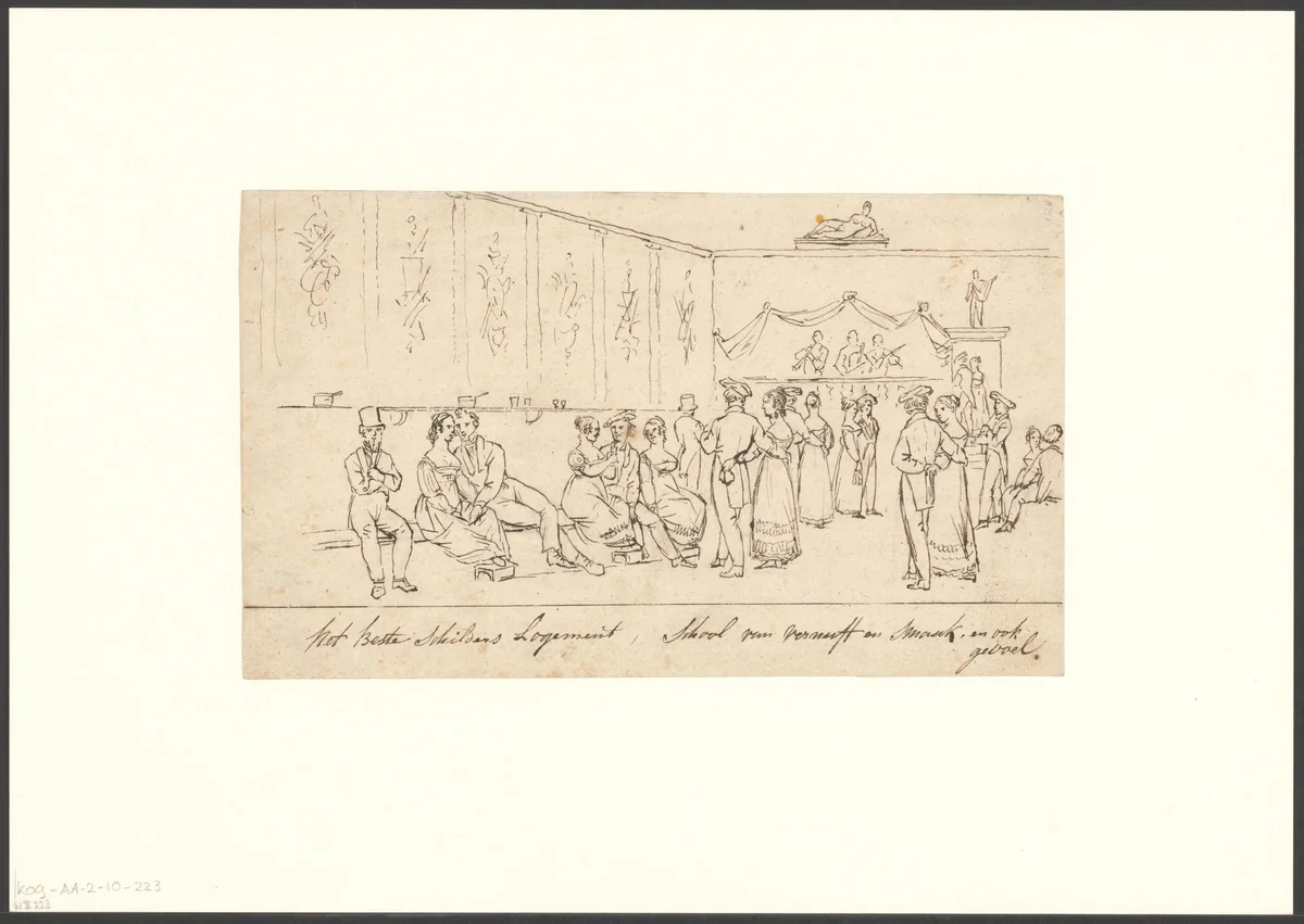 Socialiserende mannen en vrouwen in een dansruimte, mogelijk het interieur van muziek- en speelhuis De Pijl by anonymous, drawing, 1800-1899