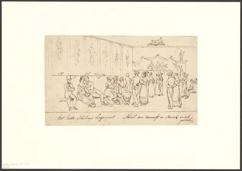 Socialiserende mannen en vrouwen in een dansruimte, mogelijk het interieur van muziek- en speelhuis De Pijl by anonymous, drawing, 1800-1899