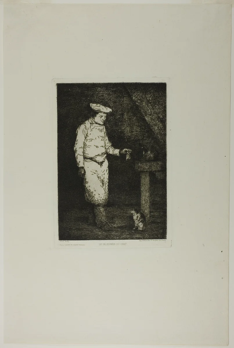 The Cat's Lunch by Théodule Augustin Ribot, print, 1858-1868