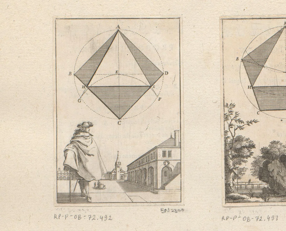 Constructie van een gelijkbenige driehoek in een vierkant met onderaan een man op een plein by Sébastien Leclerc, print, 1669