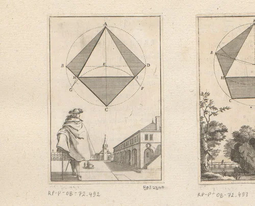 Constructie van een gelijkbenige driehoek in een vierkant met onderaan een man op een plein by Sébastien Leclerc, print, 1669
