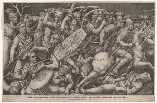 Roman soldiers fighting against Dacians, battle scene in shallow depth with horses and horn-players (after a bas-relief on the Arch of Constantine, Rome) by Nicolas Beatrizet, print, 1553