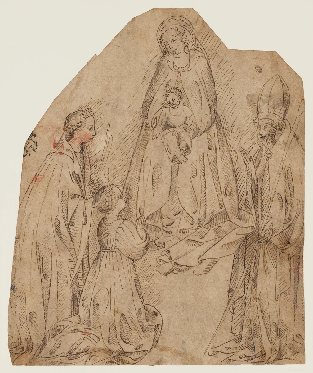 The Madonna and Child with a Female Martyr Saint, a Bishop Saint, and a Female Donor by Stefano da Verona, drawing, 1400-1450