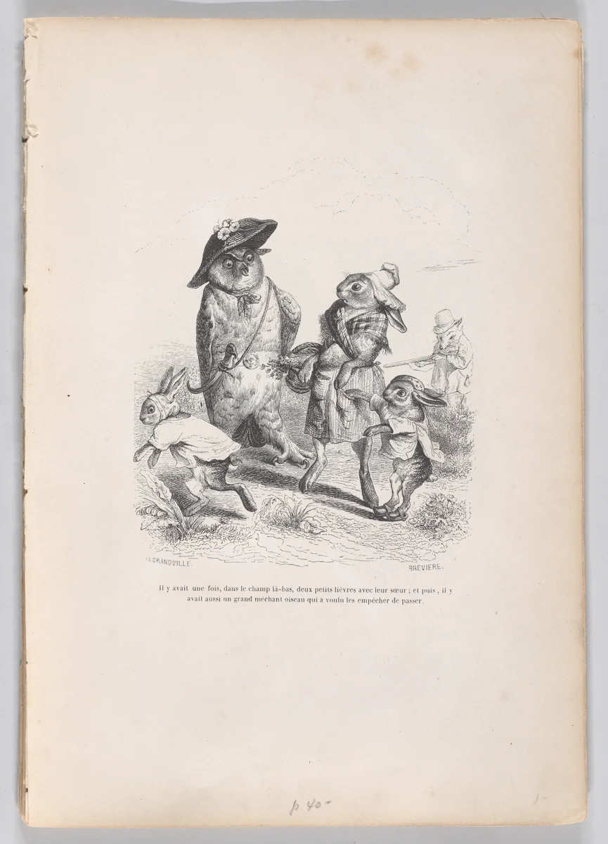There was once, in the camp there, two little hares with their sister, and then there was also a big bad bird who wanted to stop them from passing, from "Scenes from the Private and Public Life of Animals" by J. J. Grandville, print, 1832-1852