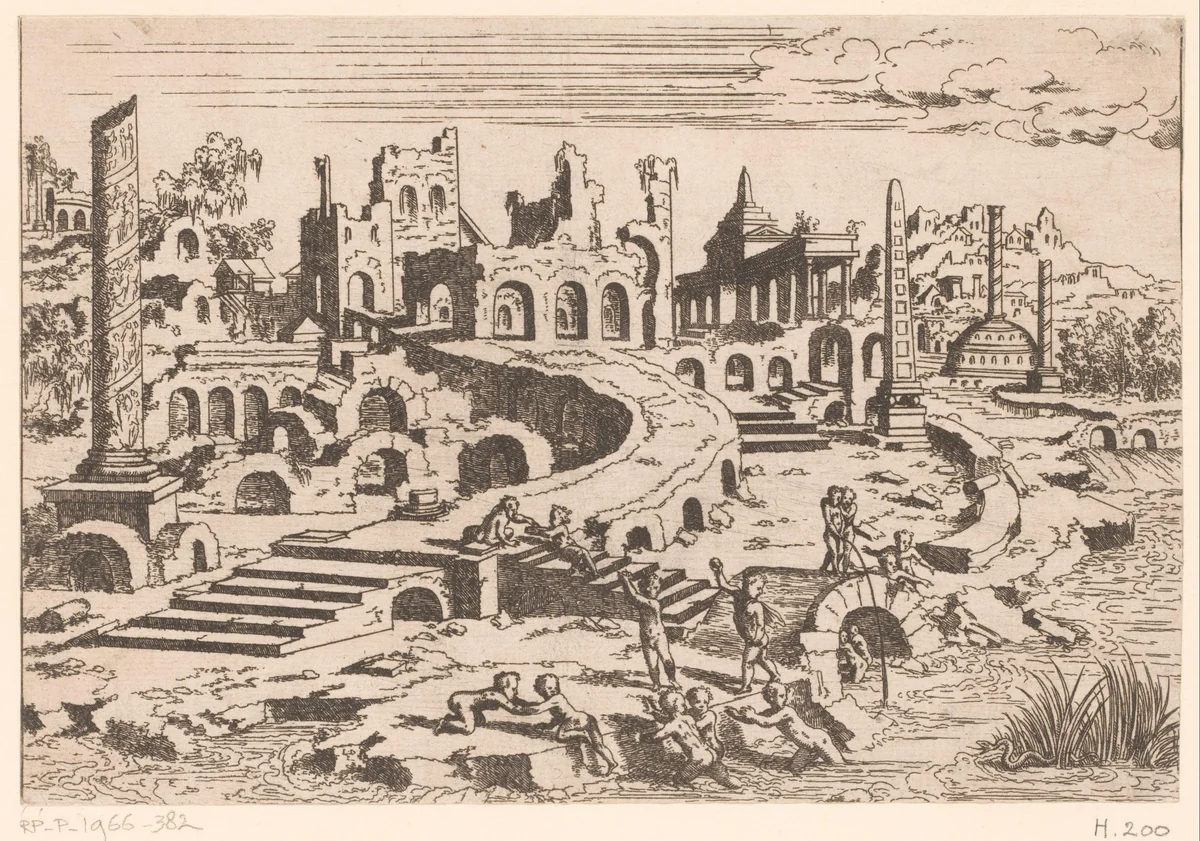 Landschap met ruïnes en putti by Léon Davent, print, 1540-1556