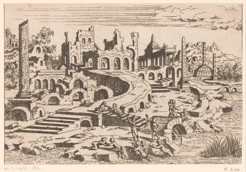 Landschap met ruïnes en putti by Léon Davent, print, 1540-1556