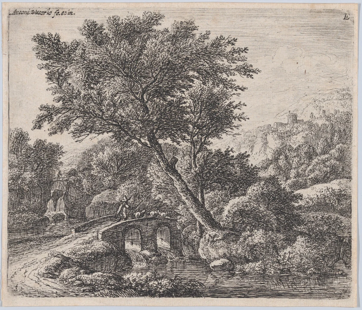 Shepherd on a Small Bridge by Anthonie Waterloo, print, 1620-1690