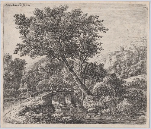 Shepherd on a Small Bridge by Anthonie Waterloo, print, 1620-1690